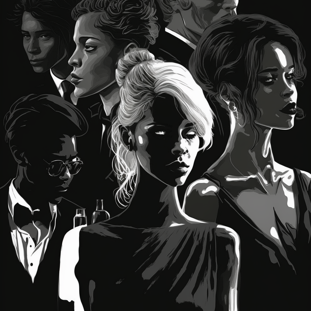 A monochromatic digital artwork featuring a group of diverse individuals in formal attire. The composition highlights striking facial expressions and dramatic contrasts of light and shadow, evoking an elegant and mysterious atmosphere.