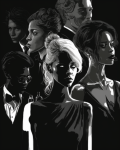 A monochromatic digital artwork featuring a group of diverse individuals in formal attire. The composition highlights striking facial expressions and dramatic contrasts of light and shadow, evoking an elegant and mysterious atmosphere.