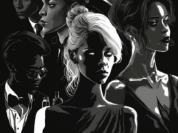 A monochromatic digital artwork featuring a group of diverse individuals in formal attire. The composition highlights striking facial expressions and dramatic contrasts of light and shadow, evoking an elegant and mysterious atmosphere.