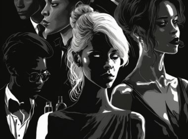 A monochromatic digital artwork featuring a group of diverse individuals in formal attire. The composition highlights striking facial expressions and dramatic contrasts of light and shadow, evoking an elegant and mysterious atmosphere.